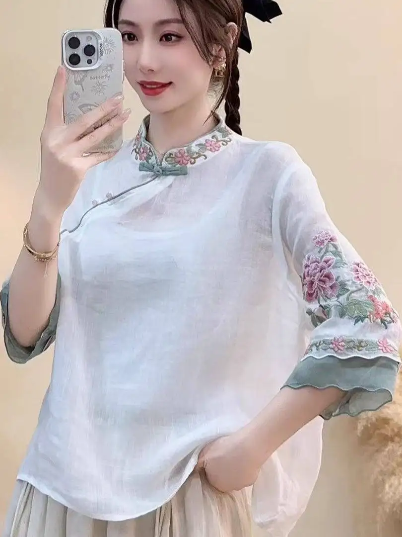 

Традиционная китайская одежда: летняя винтажная льняная рубашка для женщин с вышивкой и пуговицами-лягушками, блузка в стиле Шанхай Кунг-фу Ханьфу CN-239