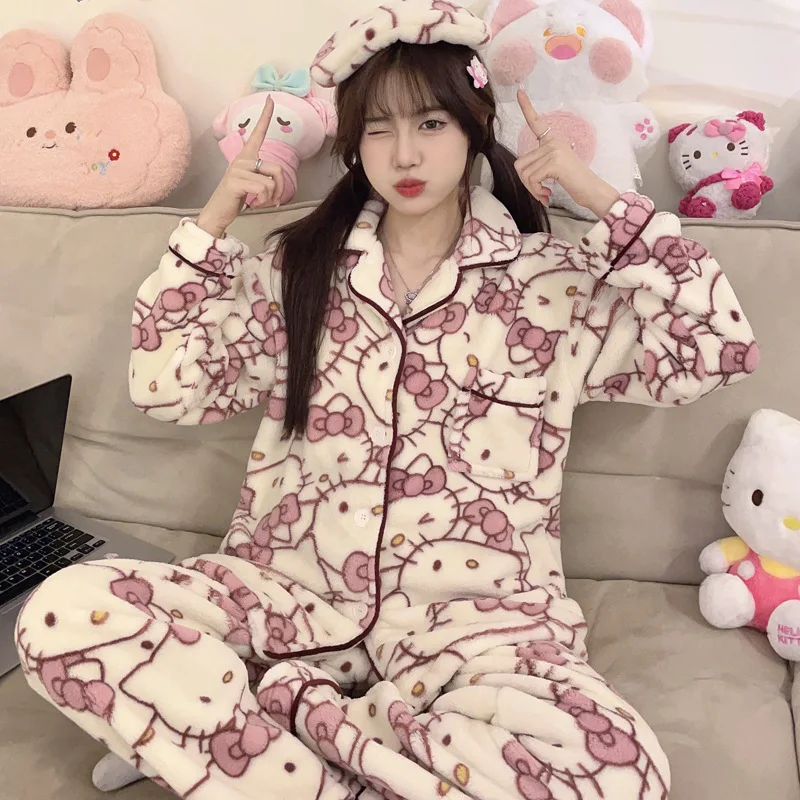 Sanrio Female Coral Fleece Go Out Thickening Long Sleeves Leisure Wear Kawaii Hello Kitty Comic Student Keep Warm Pajamas Kit