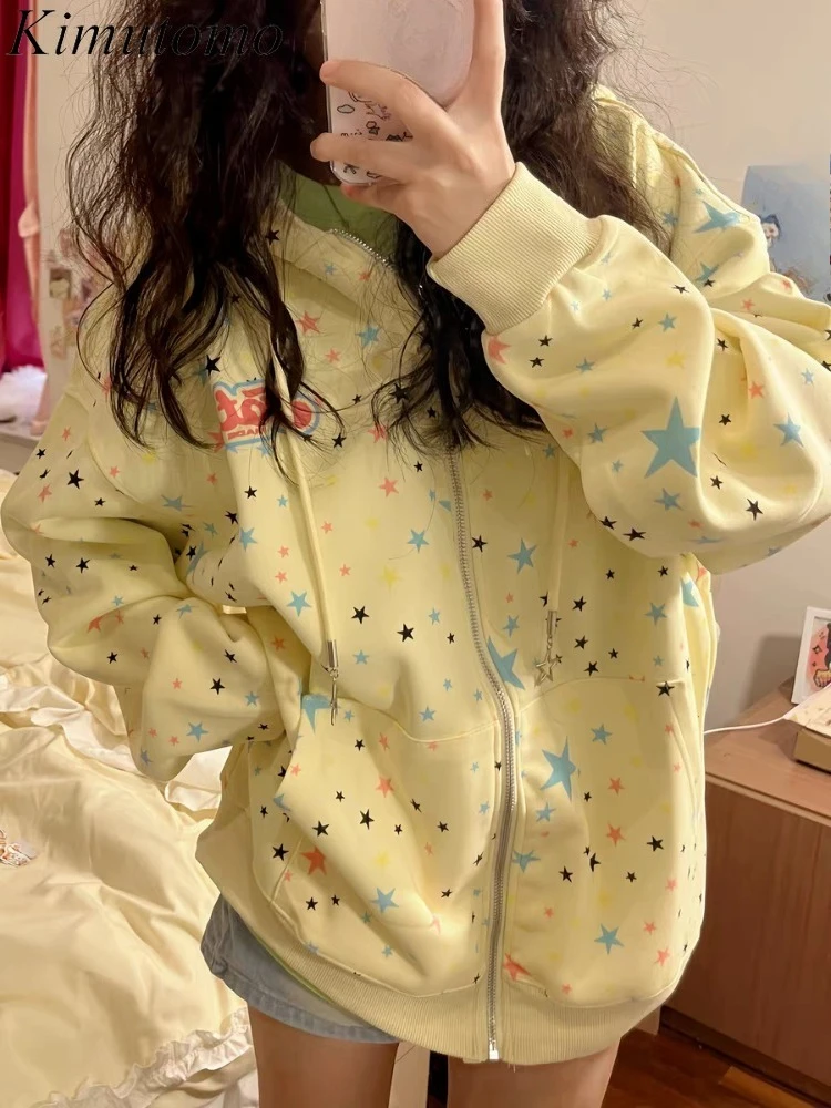 

Ezgaga Jackets Women Star Printed Hooded Loose Autumn Winter Zipper Outwear Sweet Fashion Coats Pockets Y2k Harajuku Female