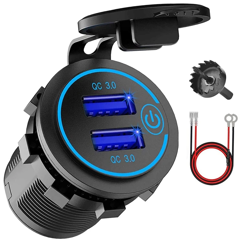 12V USB Outlet, Dual QC 3.0 USB Car Charger With Switch, 36W USB Waterproof Power Outlet Charger(With 1.1Inch Puncher)