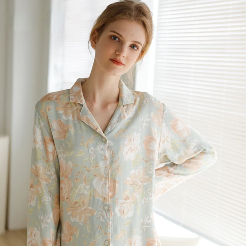 2021 Fresh Green Flowers Pajamas Women Long-sleeved Trouser Suits Viscose Thin Two Piece Set Spring Lapel Sleepwear Home Clothes