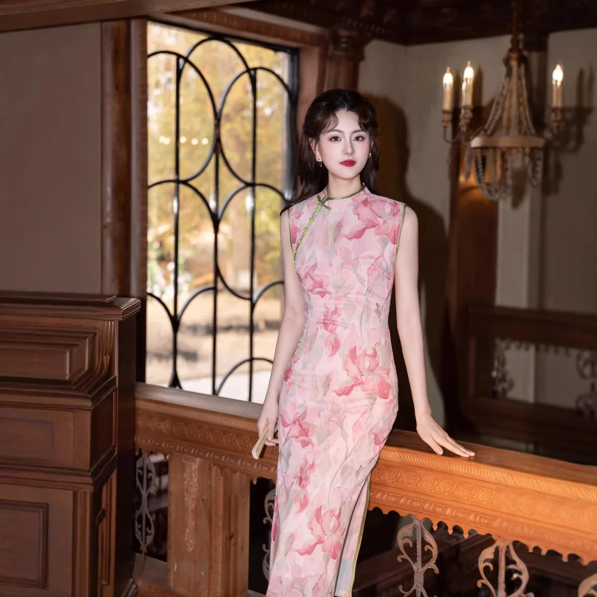 

New Chinese Style Improved Cheongsam Long Slim Pink Sleeveless Dress for Girls Spring and Summer New Style Retro Qipao Dress