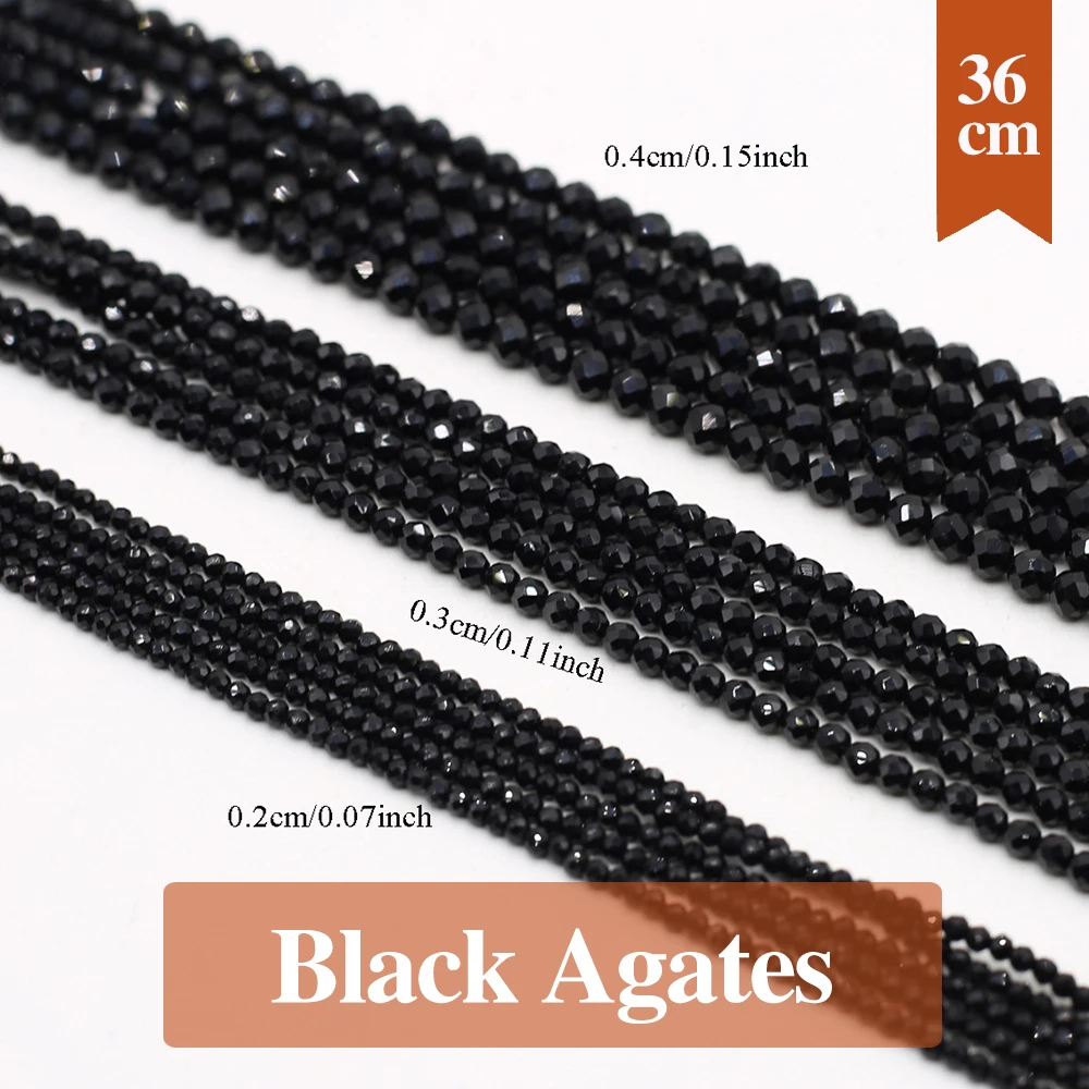 Contas de ágata preta natural facetada, pedra natural redonda, espaçador solto, frisado para fazer colar de joias diy, pulseira 2mm 3mm 4mm