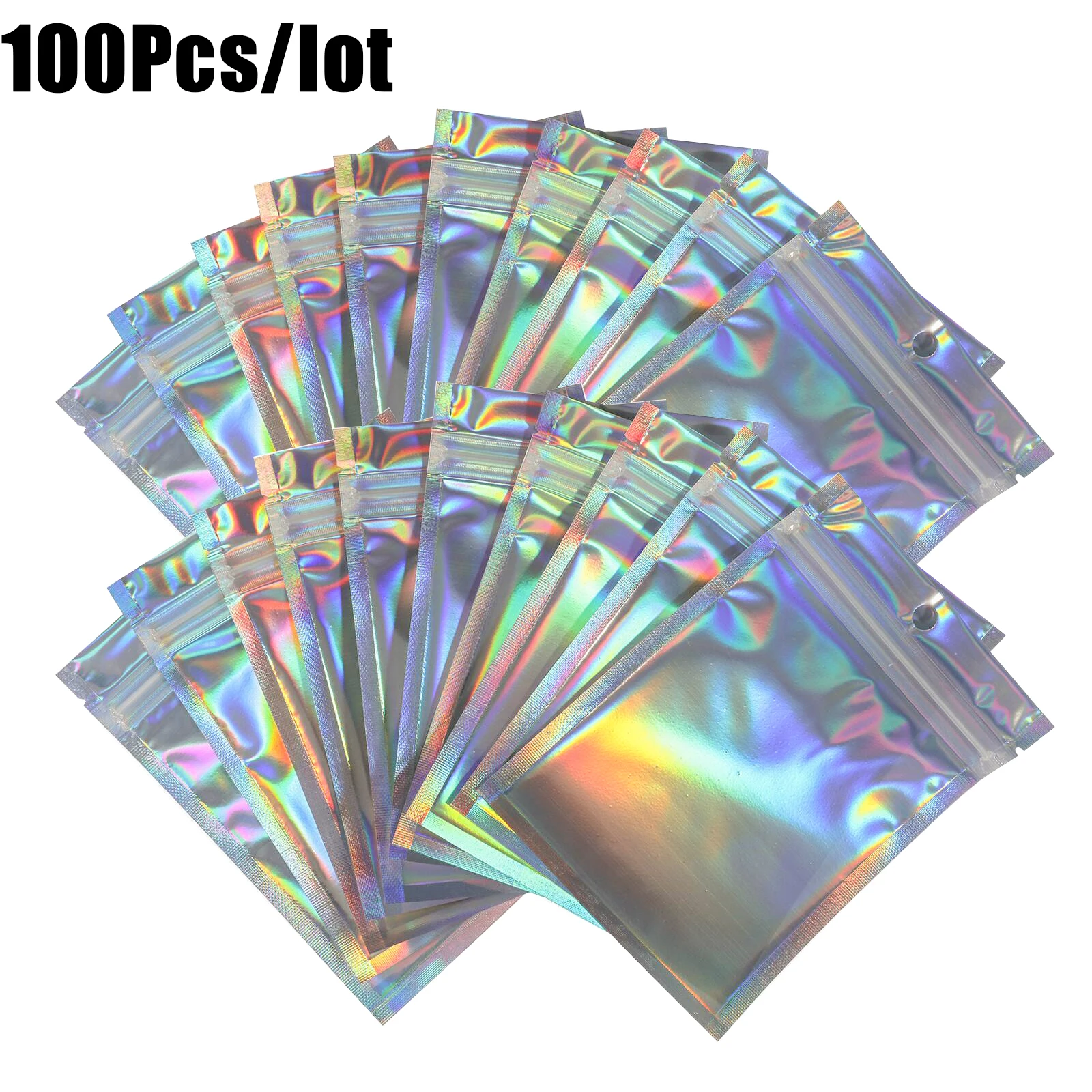 100Pcs Iridescent Zip lock Bags Pouches Cosmetic Plastic Laser Iridescent Bags Holographic Makeup Bags Hologram Zipper Bags