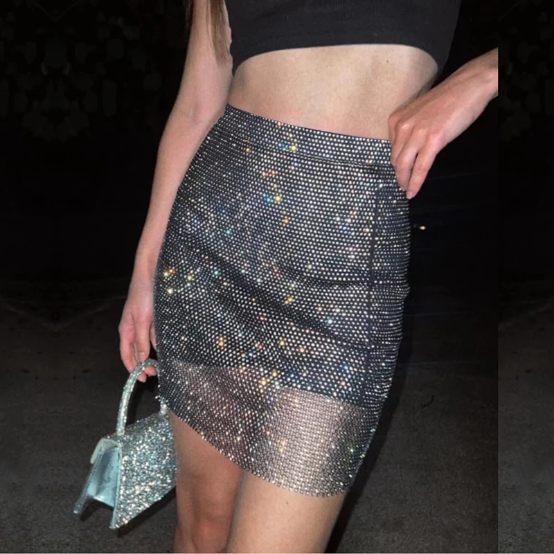 Sexy See Through Mesh Rhinestone Mini Skirt Women Summer Micro Club Beach Party Skirt y2k Streetwear Skirt Rave Festival Outfits