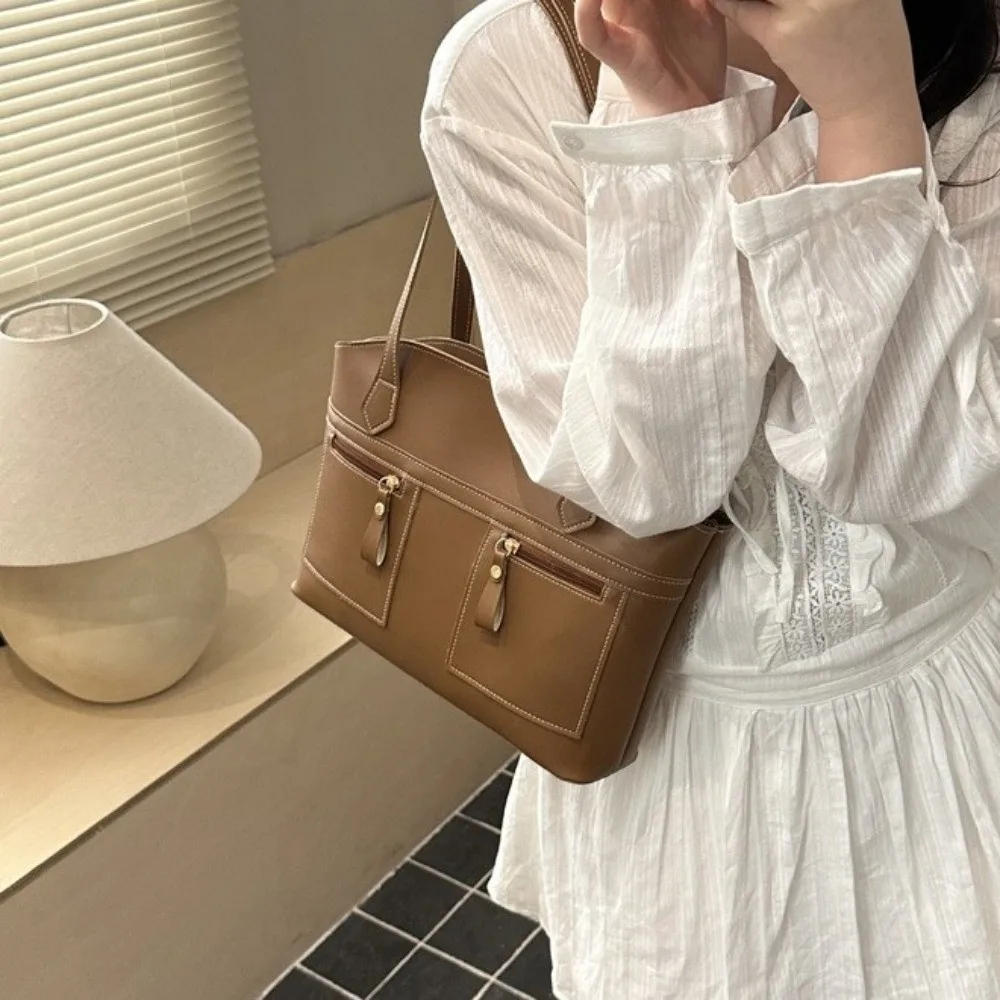 

New Large Capacity Double Pockets Commuting Bag PU Leather Stylish Underarm Bag Vintage Versatile Shoulder Tote Bag Travel