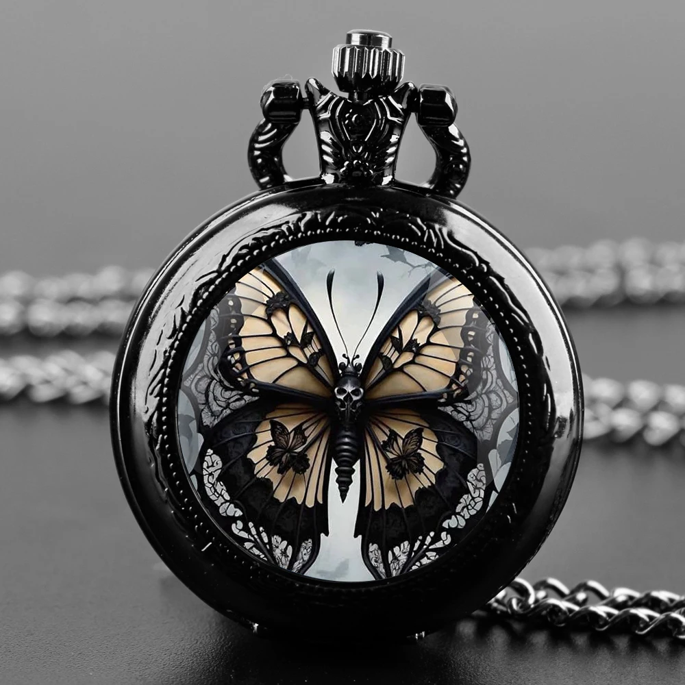 Fashion Skeleton Butterfly Quarzt Pocket Watch with Chain Necklace Vintage Quartz Pendant Watches Clock Chain Mens Women