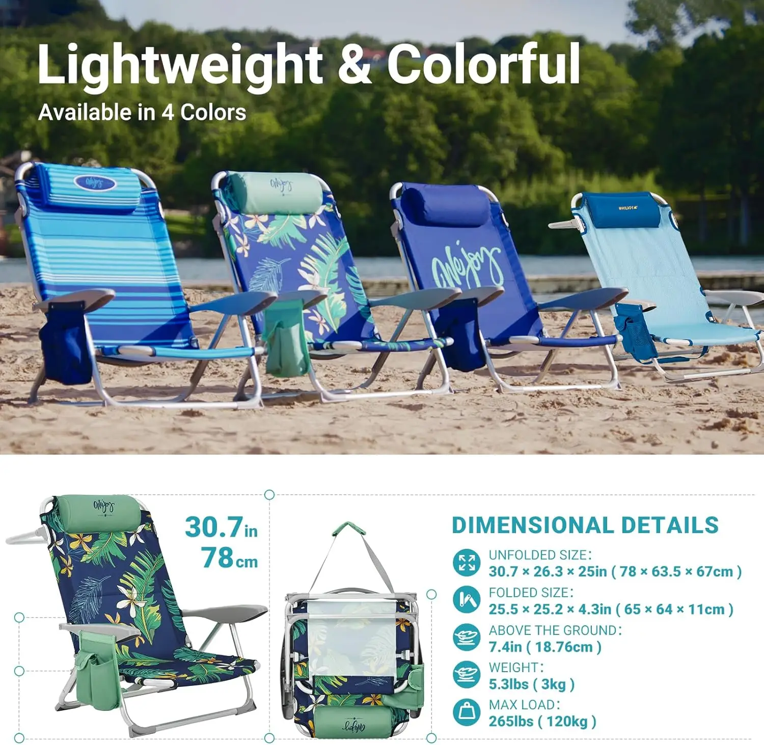 #Folding Beach Chair for Adults, 4-Position Lightweight Beach Chair, Low Beach Chairs with Shoulder Strap, Cup Holder and