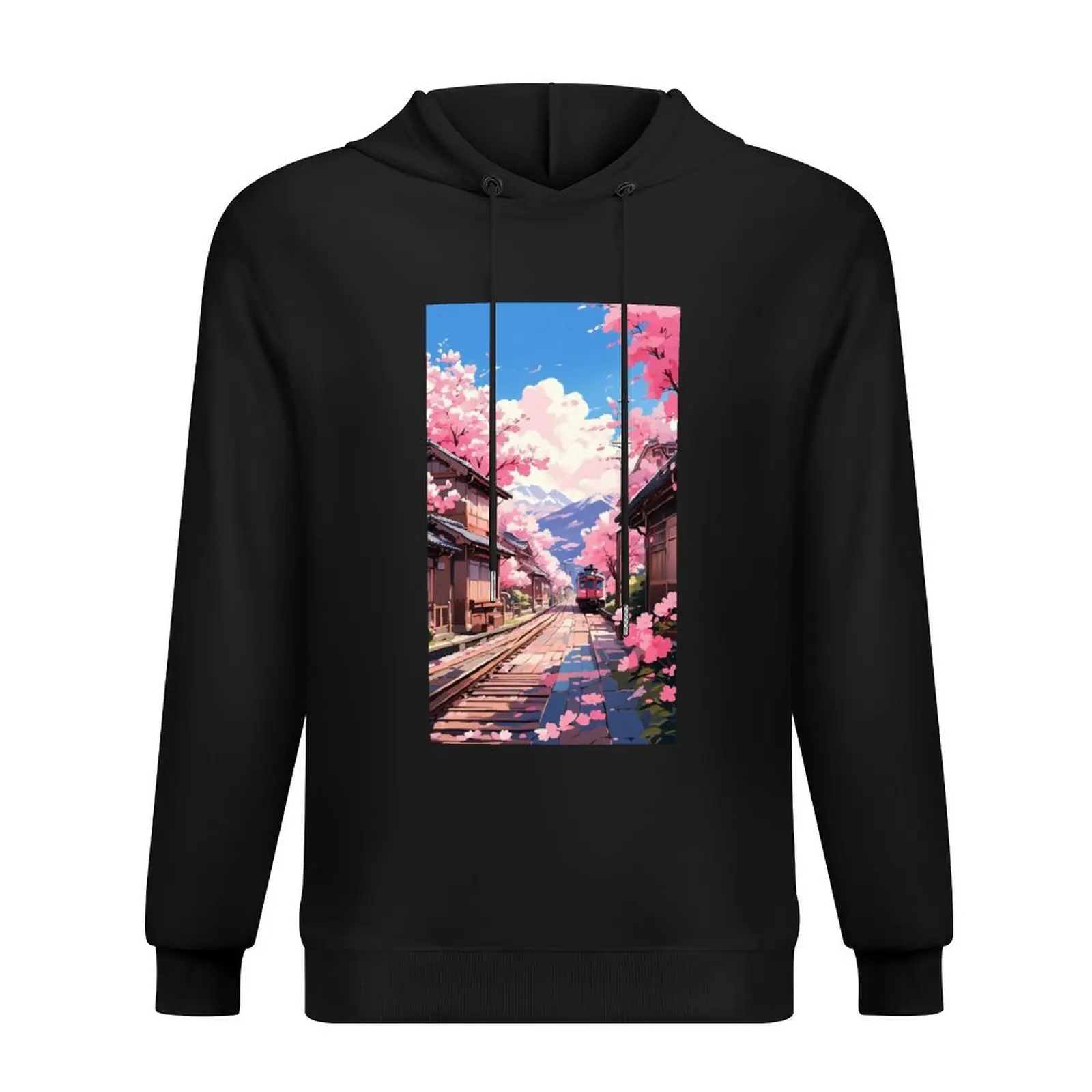 

Train on the Railway Tracks Cherry Blossom Hoodie clothes for men japanese style mens designer clothes men's coat graphic hoodie