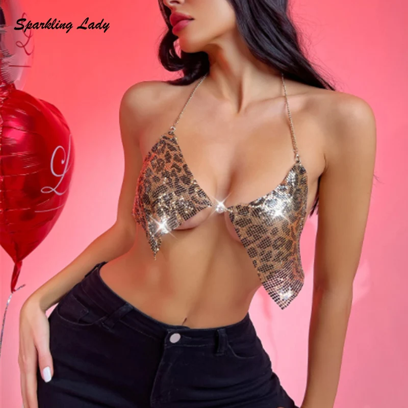 Sexy Leopard Chainmail Metallic Eye-Catching Tops Shiny Glitter Backless Sequin Sling Vest with Metal Shine for Nightclub Party