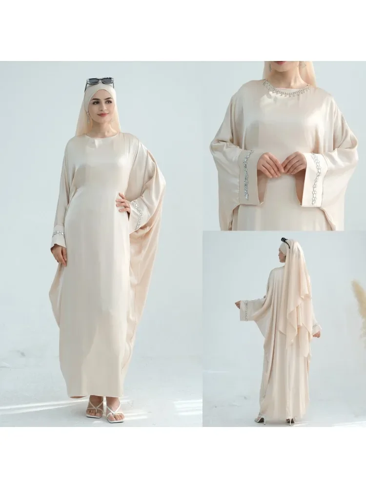 Manufacturer Wholesale Kaftan Satin Islamic Clothes Muslim Dresses for Women Ramadan Abaya Butterfly Crystals Robe Holiday Dress