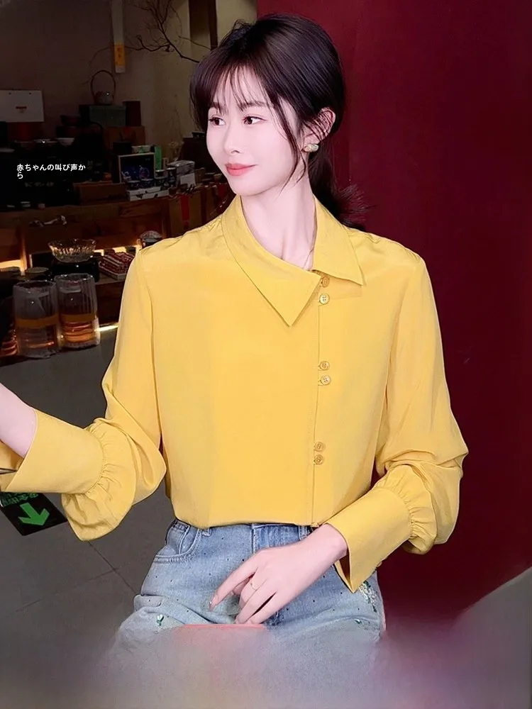 

Роскошная женская шелковая блузка на каждый день для ранней весны, 100% шелк, с длинным рукавом и отложным воротником, комфортная и дышащая