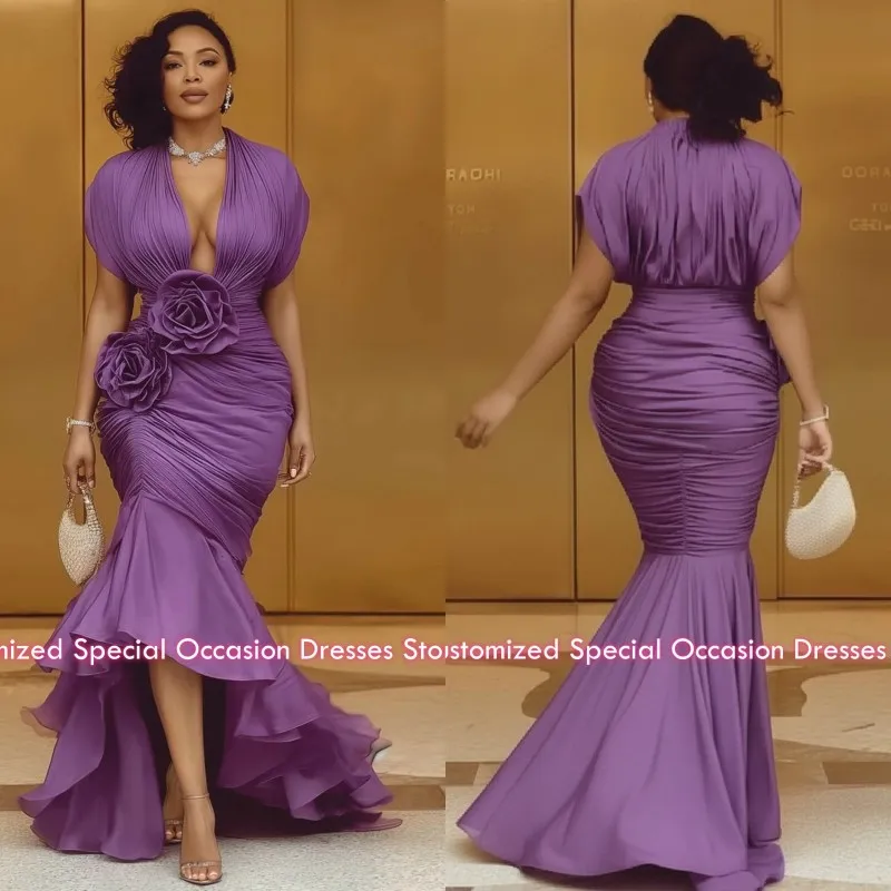 Modest Purple Mermaid Evening Dresses V Neck Flowers Prom Dress 2026 Elegant High Low Wedding Party Gowns For Women Customized