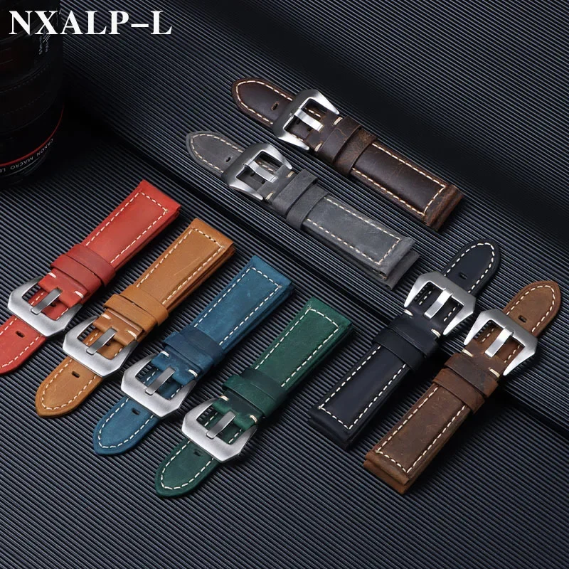 여성을위한 정품 가죽 시계 밴드 팔찌 블랙 블루 브라운 빈티지 매트 시계 스트랩 남성 20mm 22mm 24mm 26mm 손목 밴드