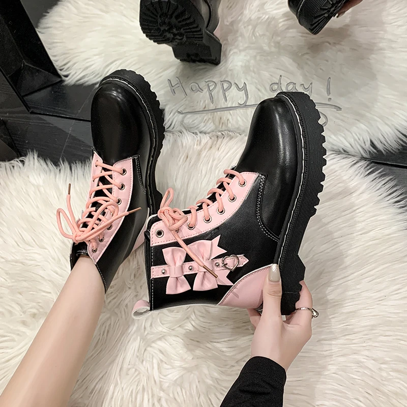 Kawaii Girl Pink Boots 2023 New Butterfly Knot Women's Boots High-top Lace-up Motorcycle Boots Fashion Student Platform Shoes