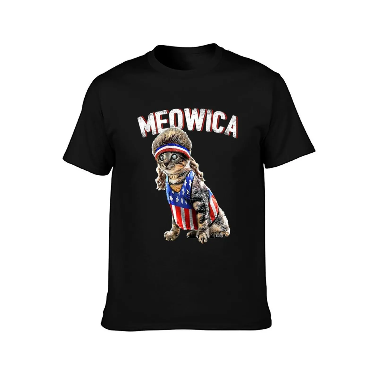 Meowica Cat Mullet American Flag Patriotic T-Shirt, Summer Casual Cotton Tee, Oversized Streetwear Tops, Vintage Graphic Print