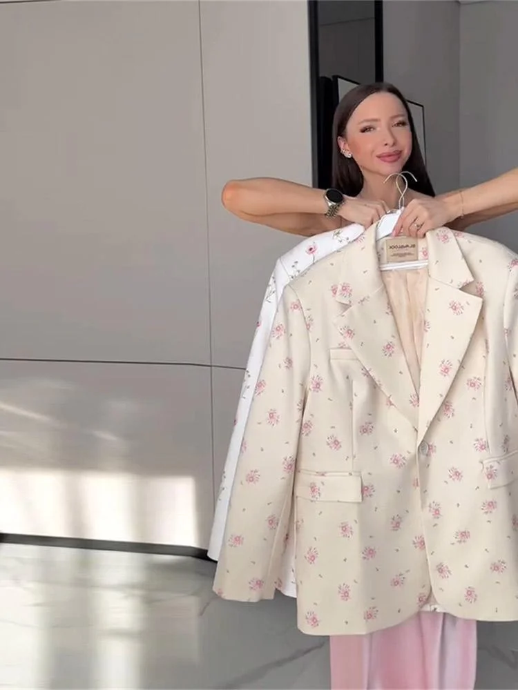 Damska marynarka z luźnym kwiatowym nadrukiem, klapy, długi rękaw, sznurowana, zapinana na jeden guzik, sznurowana kurtka, wiosna 2025, top w stylu high street.