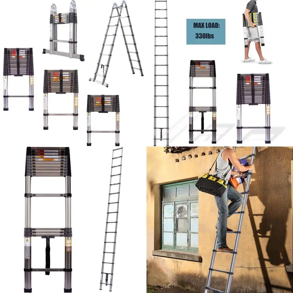 سلم تمديد تصغير من الفولاذ المقاوم للصدأ 12.5 قدم، يطي حتى 2.8 قدم، يدعم 330 جنيهًا، سلم محمول عالي التحمل لـ O #1