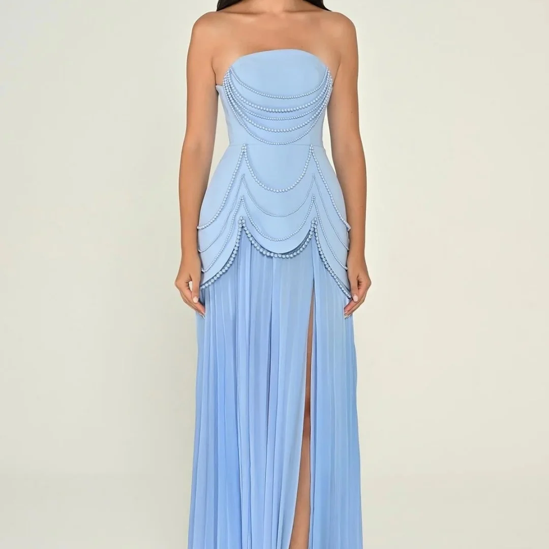 밀라 스트랩리스 진주 장식 플리츠 하이 슬릿 맞춤형 정장 이브닝 드레스 롱 드레스 우아한 프롬 드레스