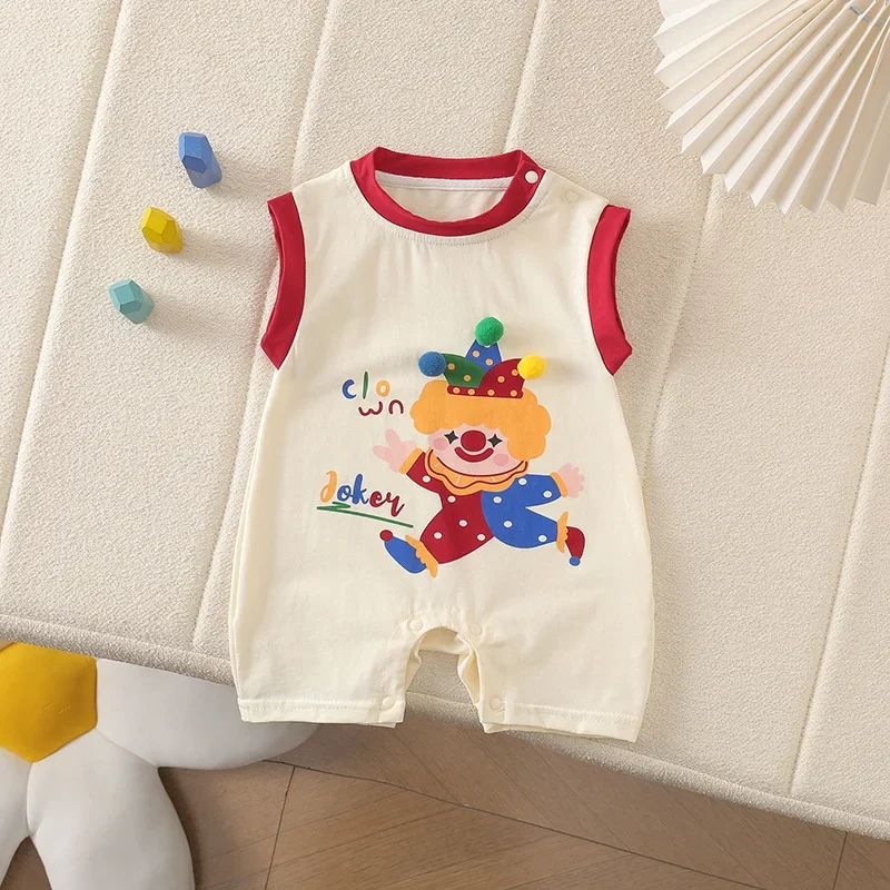 

2025 Summer Newborn Baby Romper Cartoon Clown Print 95% Cotton Sleeveless Shoulder - Open One - Piece Crawling Clothes