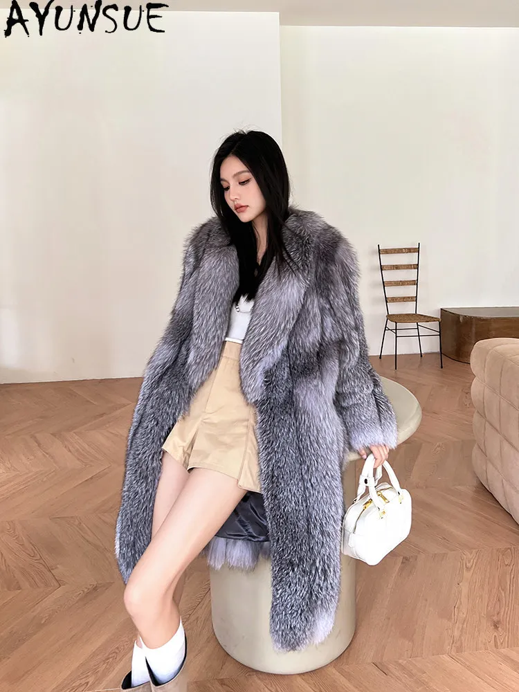 AYUNSUE Prawdziwy futro z lisiego futra płaszcz damski luksusowa zimowa kurtka futrzana średniej długości nowe płaszcze futrzane odzież wierzchnia odzież damska w stylu high street Шуба