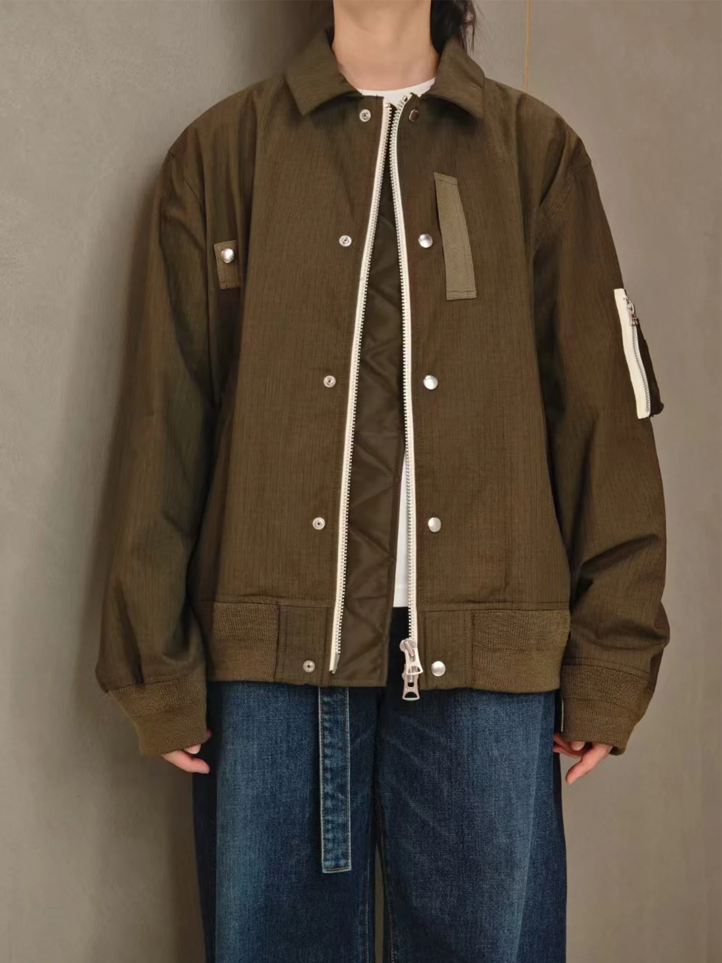 

Loose Fit Flight Jaet with Multiple kets Workwear Sle Collar up Men's Polyester Fiber Long Sve Zipper Closure Coat