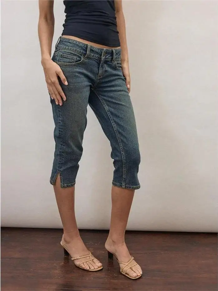 Women's Stretch Denim Capri Pants High Waist Jeans Shorts Slit Design Comfortable Fit mid Stretch Cotton Blend view 2