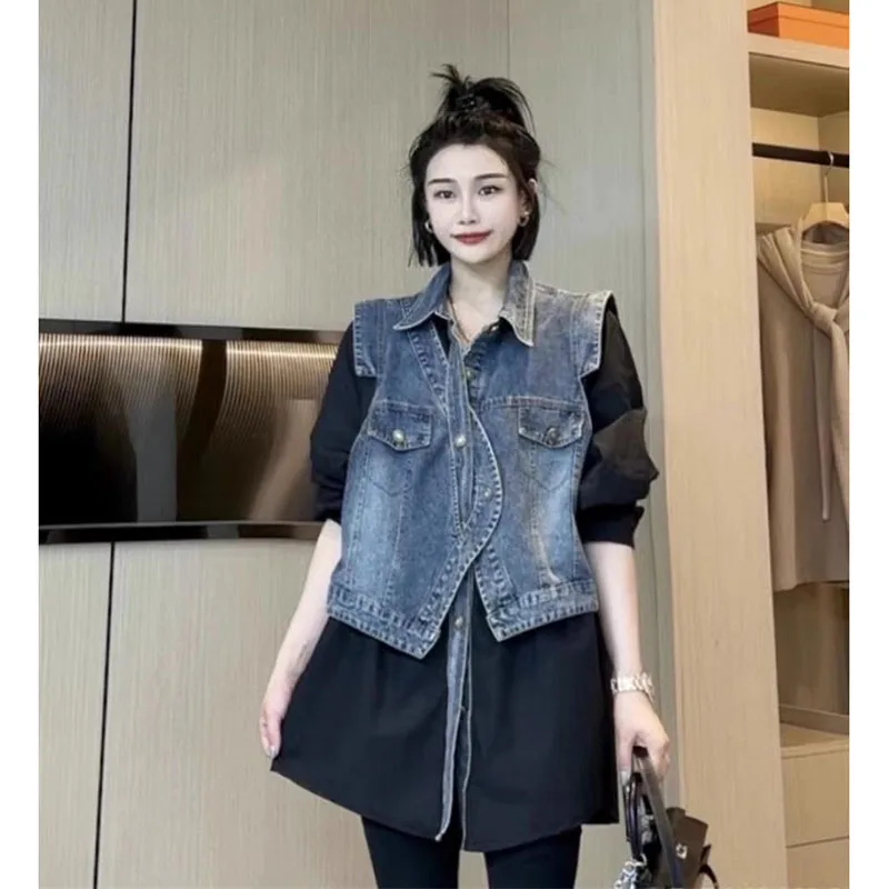 Fake Two Pieces Fashion Denim Shirt Jacket Women\'s Spring/Summer New Design Sense Stitching Women Jackets Temperament Coat Top