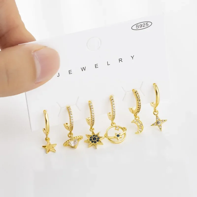 

XUFEIR Plated Gold 6-piece Earrings Set for Women Fashion Zircon Star Planet Moon Hoop Earrings Set Jewelry Accessories