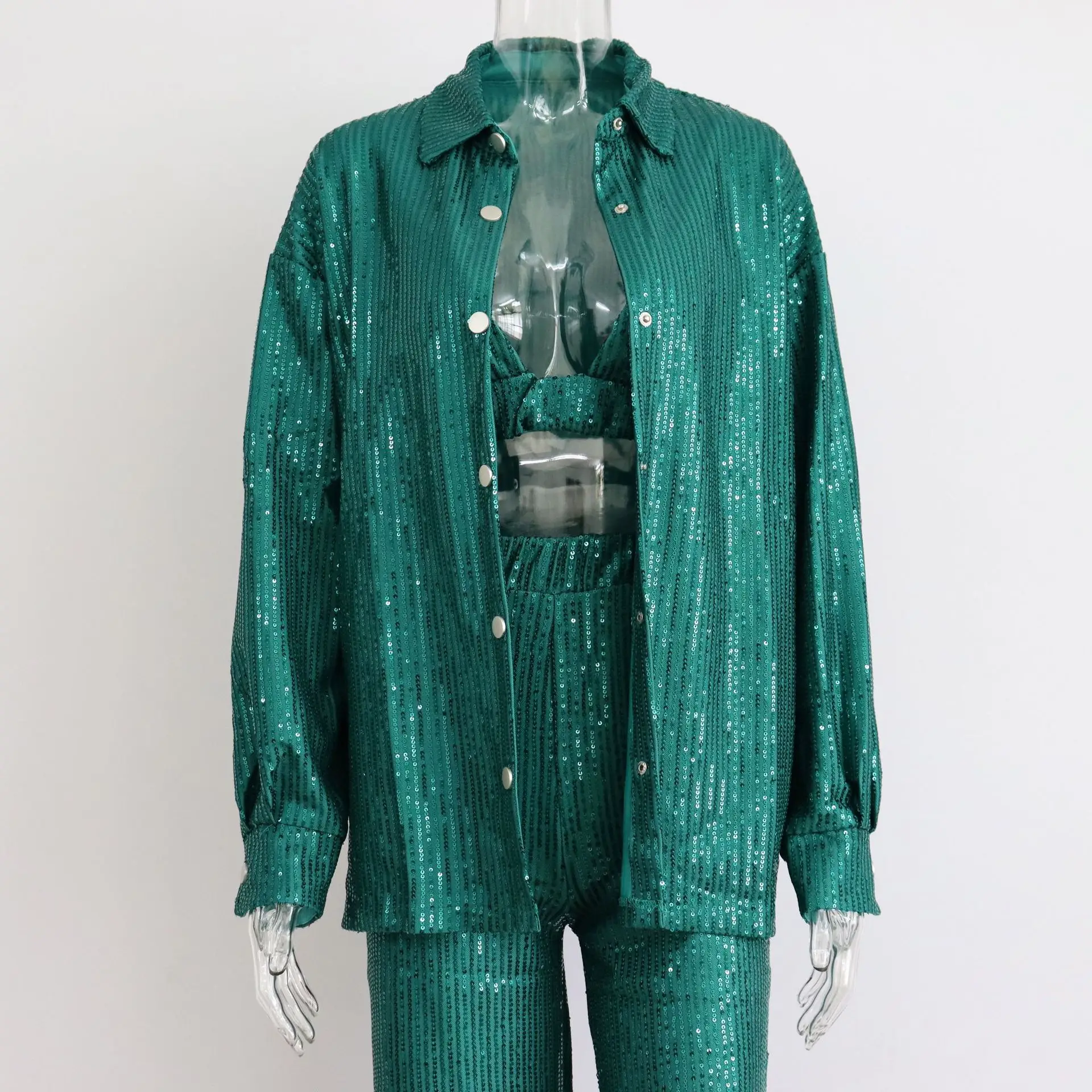 Women Fashion Tracksuits Shirt With Long Pants Three Pieces Sets Sequins Beading Clothing Outfits Women Blouses