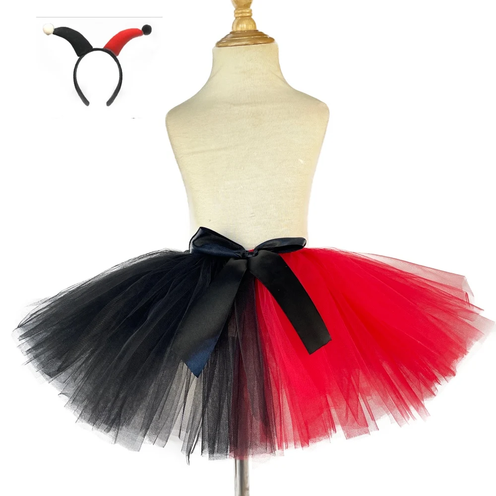 Girls Clown Tutu Skirts Halloween Costume for Kids Baby Red Black Tulle Pettiskirts with Hairbow Children Cosplay Skirts Cloth