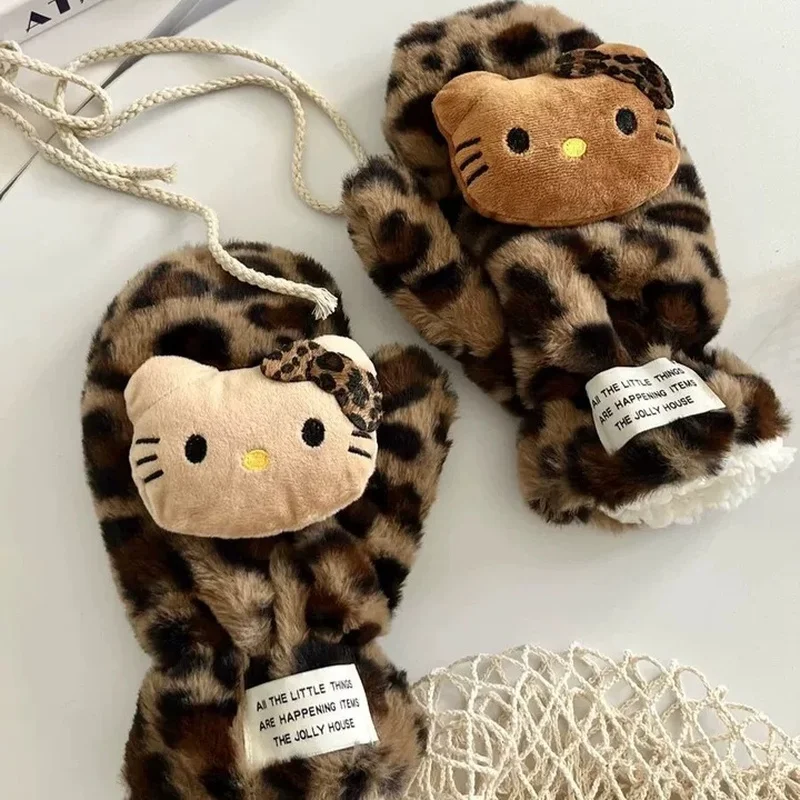 Gants en peluche chat Kt imprimé léopard pour filles pour garder au chaud en hiver épaissi pour le cyclisme et garder au chaud cadeau d'hiver pour les filles