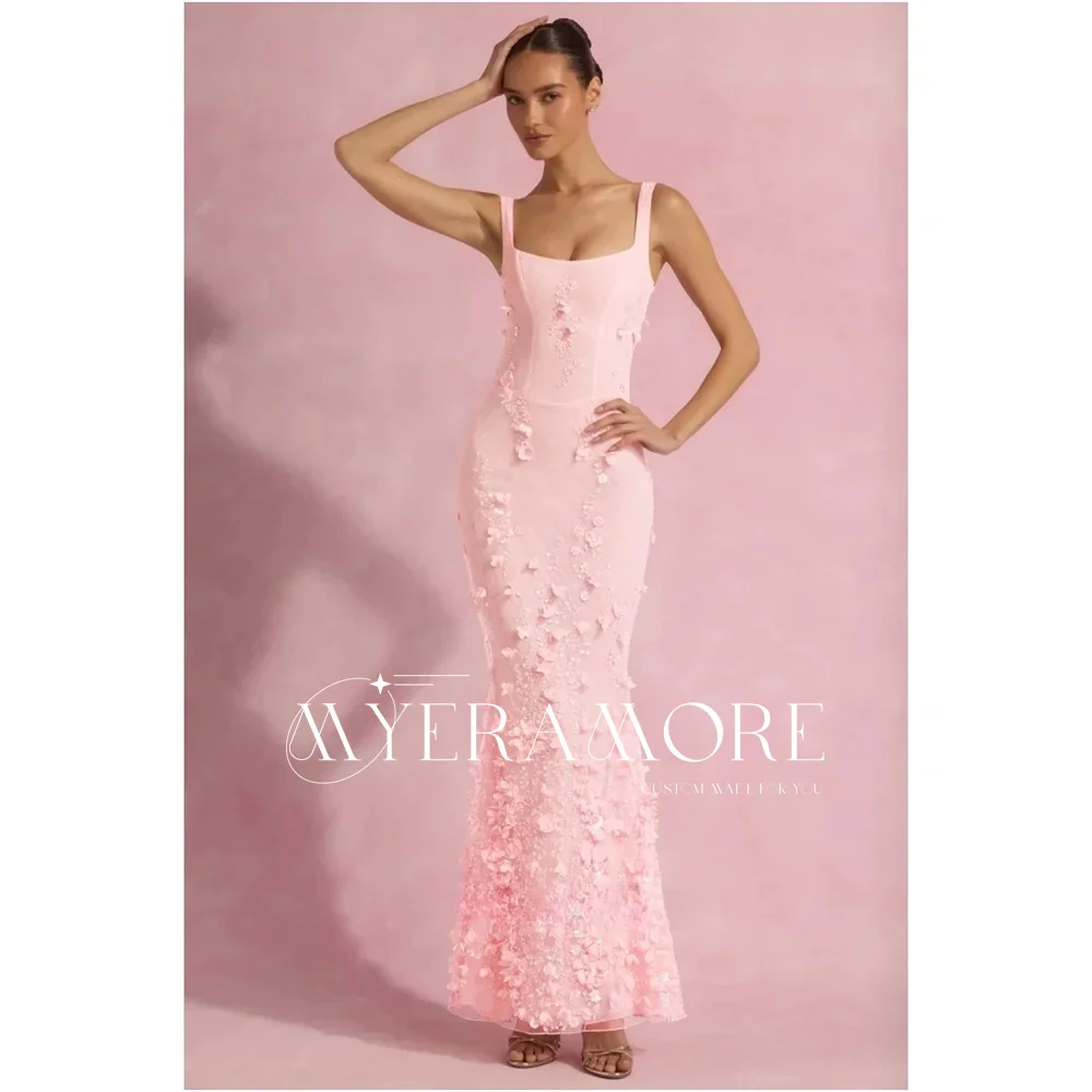 Sexy Women Evening Dress Pink Floral Appliques Square Neck Spaghetti Strap Prom Dresses Elegant Wedding Guest Dress Customized image 3