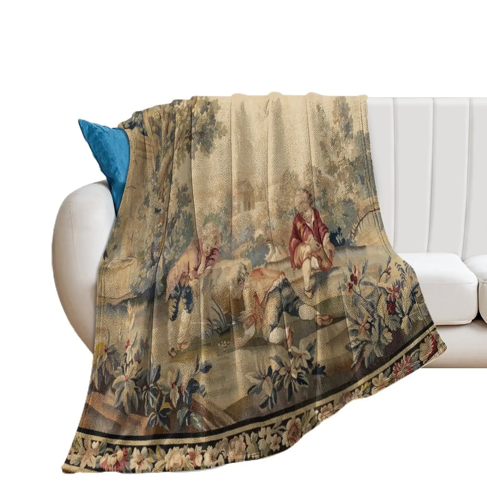 AubussonAntique French Tapestry Print Throw Blanket Decorative Sofas Soft Big Multi-Purpose Luxury St Blankets