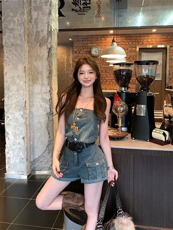 

Летний комплект OOTD: Милый джинсовый комбинезон в американском стиле для молодых девушек 8-25 лет, топ-бюстье и шорты с широкими штанинами