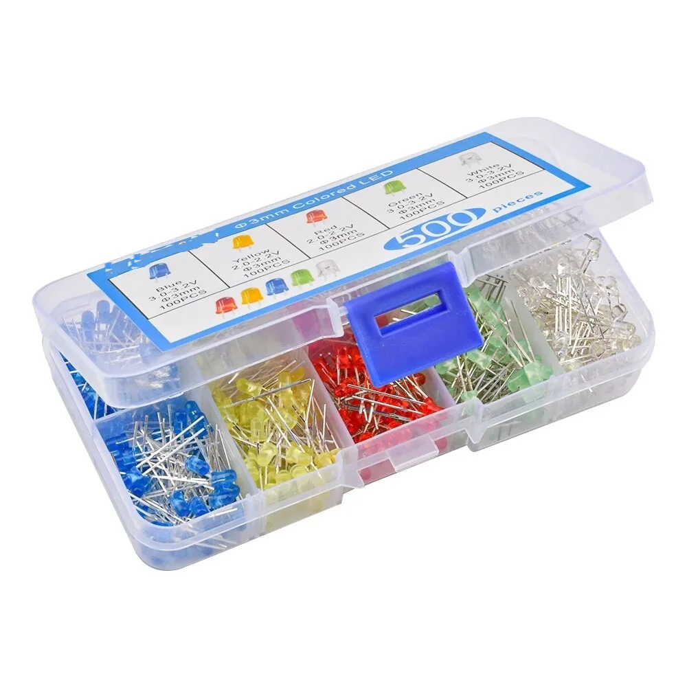500PCS Led Diode Lights Assortment Kit F3mm Transparent Light Emitting White Green Red Blue Yellow