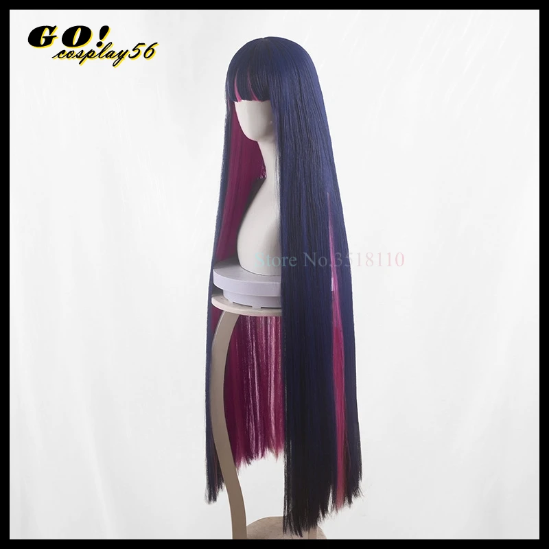 Stocking Anarchy Cosplay Wig Blue Bow Panty Stocking with Garterbelt 120cm Long Straight Navy Pink Synthetic Hair Headwear