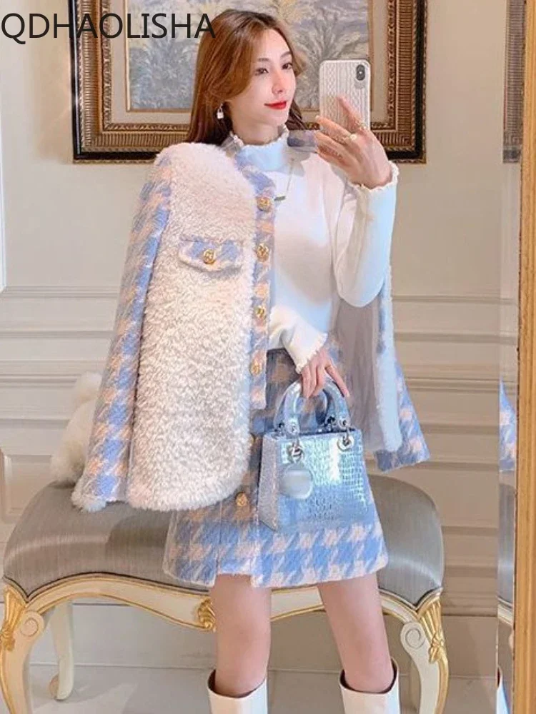 Two Piece Set for Women Skirt Coat Autumer Winter Elegant Korean Women's Sets To Dress Lamb Hair Plaid High Waist Hip Wrap Skirt