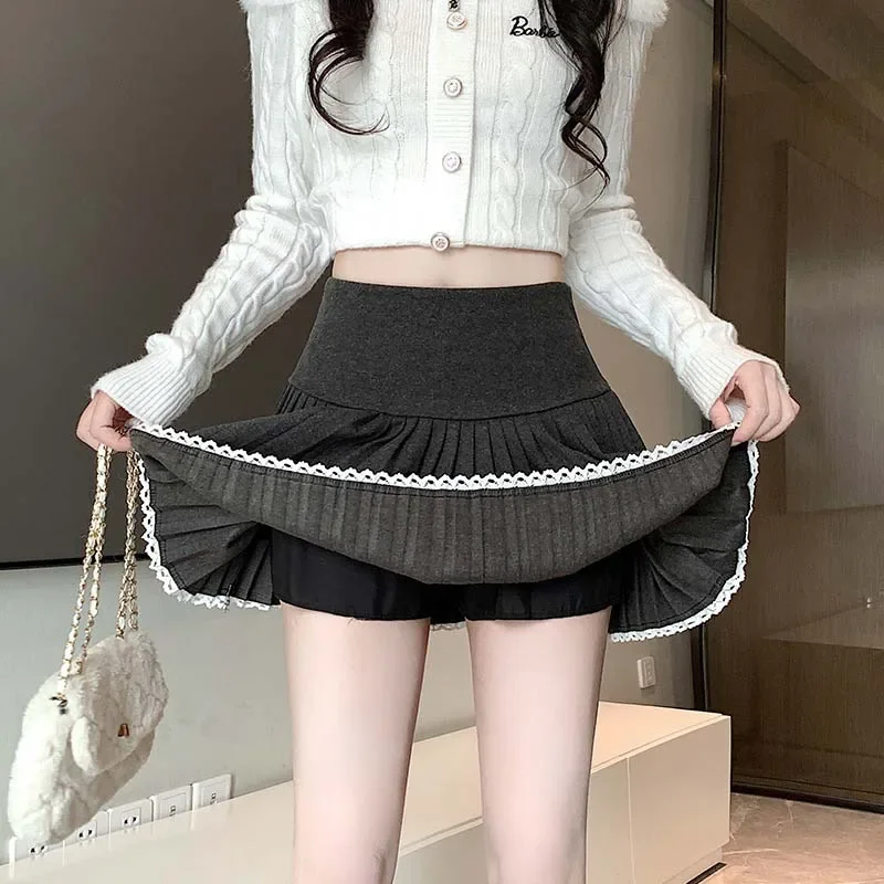 Lace Pleated Mini Skirt for Women  Autumn Winter Slim High Waist Sweet Kawaii A-line Shorts Skirt Preppy Style Clothing Y2k