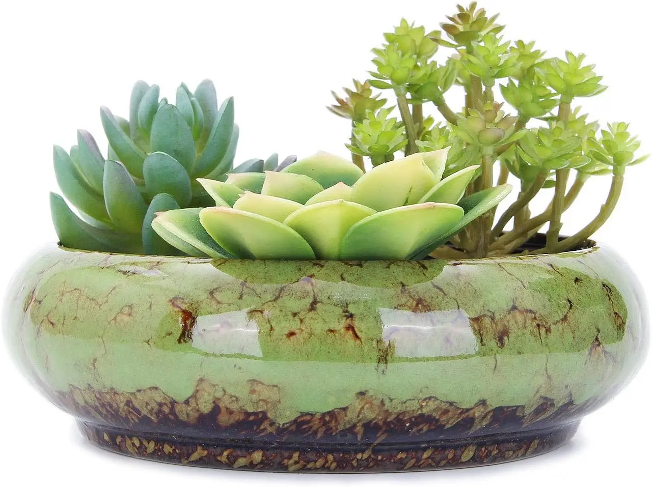

7.3 Inch Round Shallow Succulent Planter with Drainage Hole, Glazed Ceramic Bonsai Pot for Garden Decor, Green