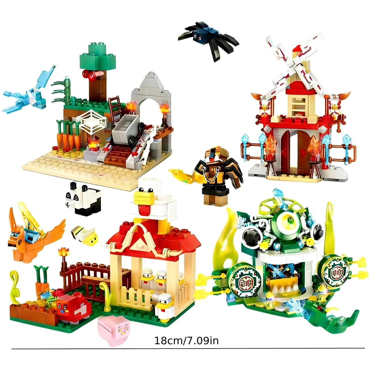 Creatieve boerderijgebouwscène stapelblokken, windmolens + dierenvormen, zeer gedetailleerd bouwmodel, verzamelbaar ornament