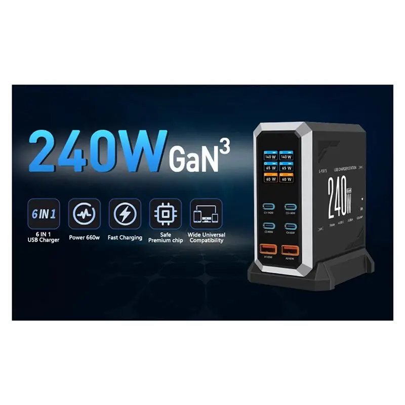 ABGI 240W GaN USB C Station, 6 Port Fast Desktop Charging Block PD3.1 140W for Notebook Laptop 16 Pro Max