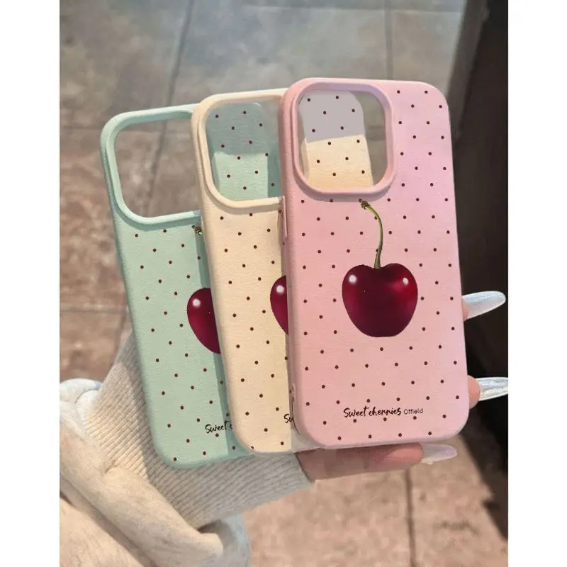 Sweet Red Polka Dot Cherry Fashion TPU Imitation Leather Phone Case For iPhone 16 Plus 15 14 13 12 11 Pro Max Shock-absorbing