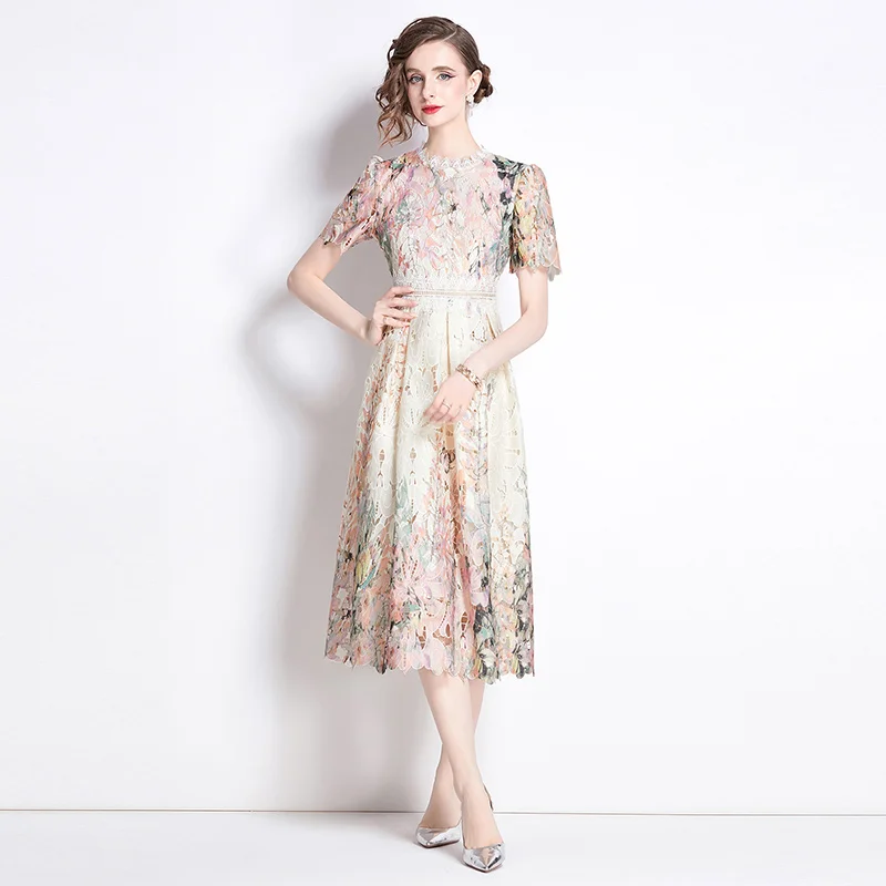 2024 Summer New Light Luxury Fashion Slim Lace Dress Women's O-Neck Short Sleeve Hook Flower Hollow Elegant A-line Long Skirt