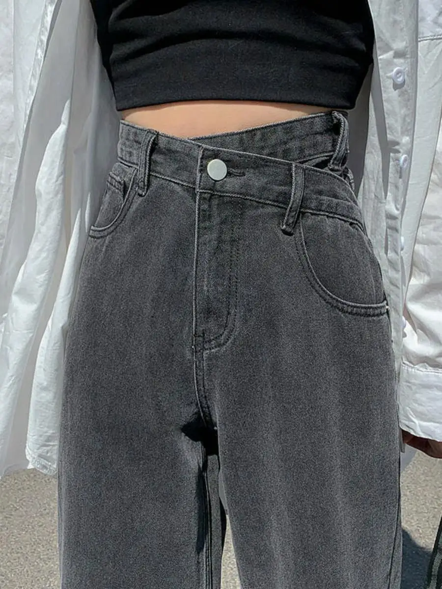 

Прямые джинсовые джинсы с высокой талией, женские повседневные широкие брюки с перекрестным дизайном длиной до пола, весенний сезон, студенческая мода