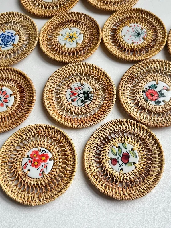 

Rattan Woven Coaster Chinese Cerc Rattan d Tea Pot Mat Home Anti-Slip Heat Resistant Pad Tea Room Vintage round Mat