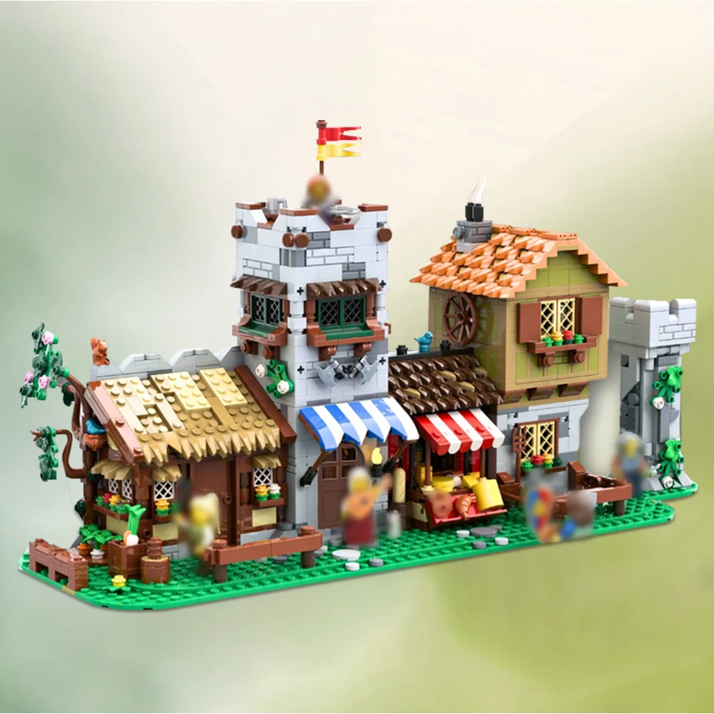 

MOC Medieval Town Square Alternate Build Building Blocks Sets Business Center Shop Hotel Tower Modular Brick DIY Toys Adult Gift