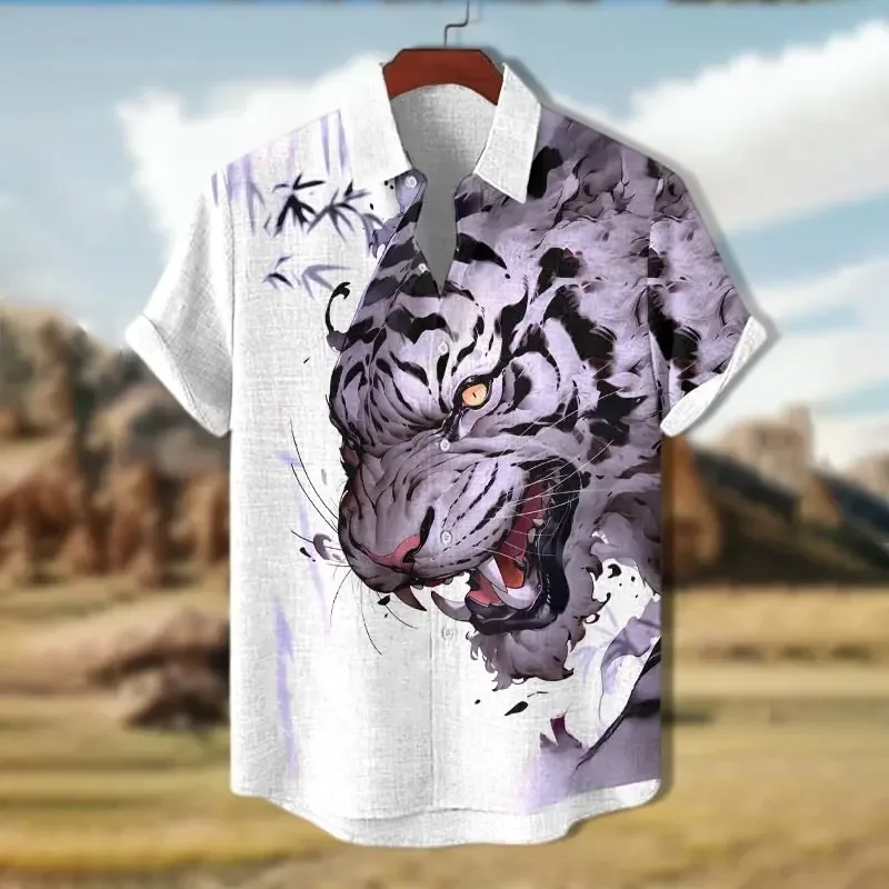 

Tiger pattern men's linen short sleeved shirt, fashionable trend, loose and breathable, street outdoor, casual and comfortable