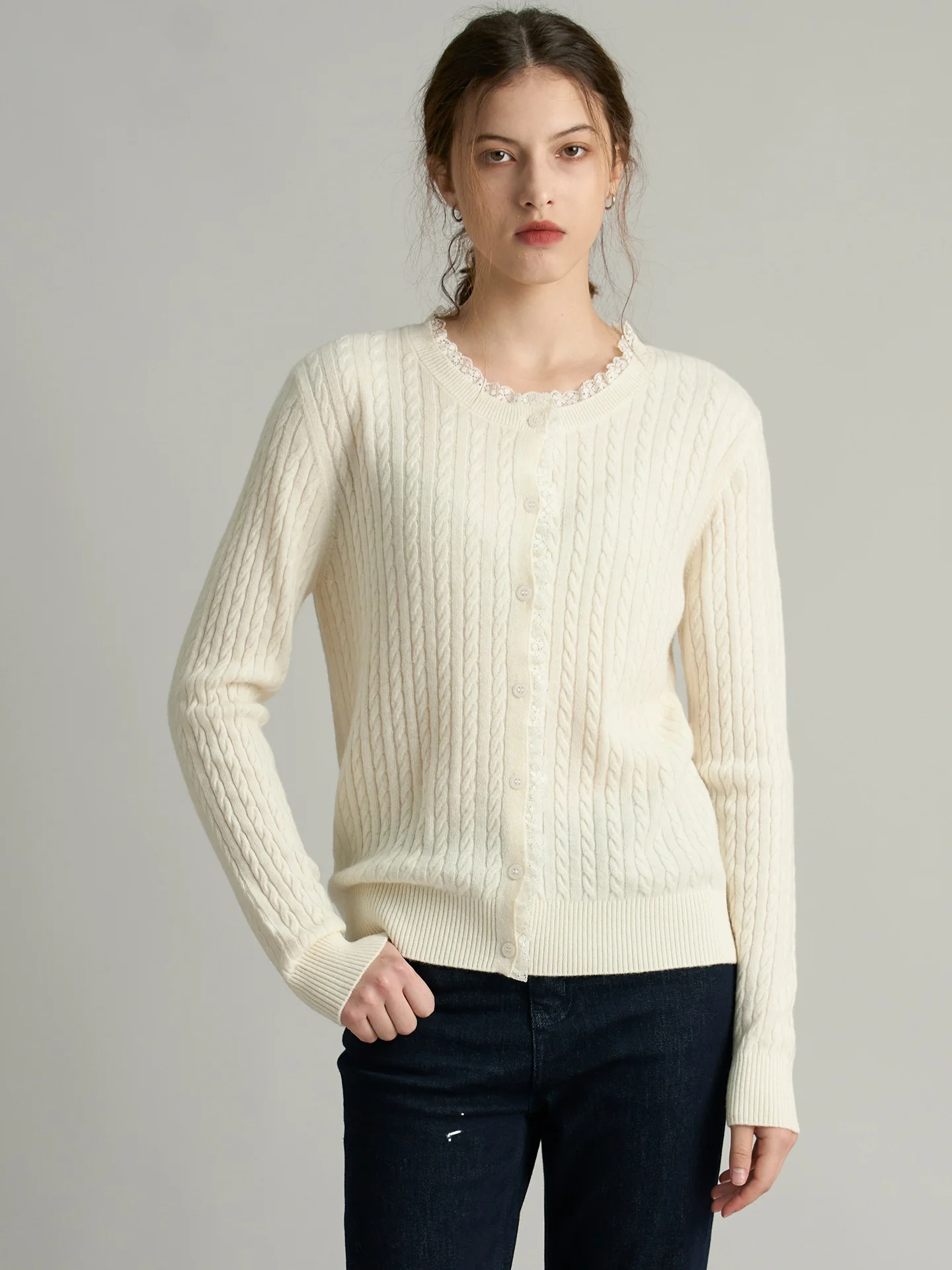 

XIE Gentle Replacement 00 Wool Lace Splicing Knitted Sweater Women's Autumn Winter Open Cardigan Top Outerwear