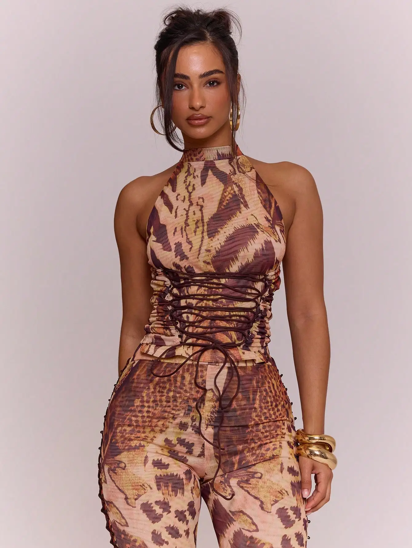 Brown Tiger Print Halter Neck Top, Lace-Up Cinched Sleeveless 70s Vintage, Summer Party Holiday Festival Top for Women